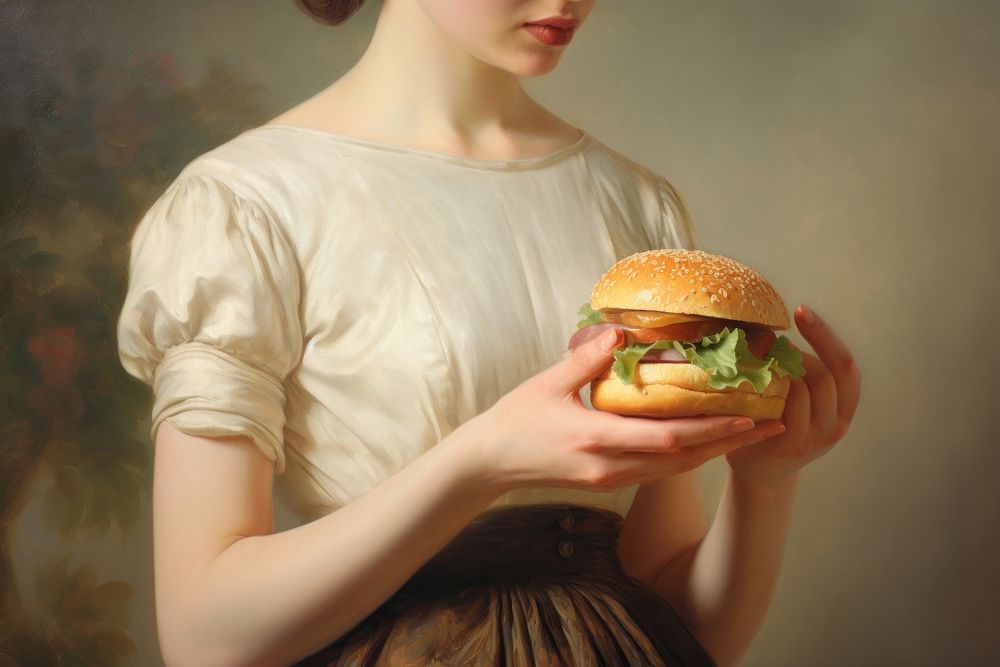 Hamburger holding adult woman. AI generated Image by rawpixel.