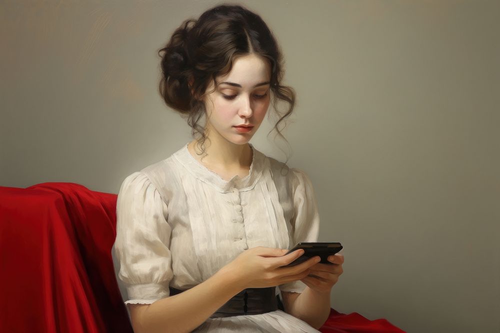 Lady use mobile phone portrait painting adult. AI generated Image by rawpixel.