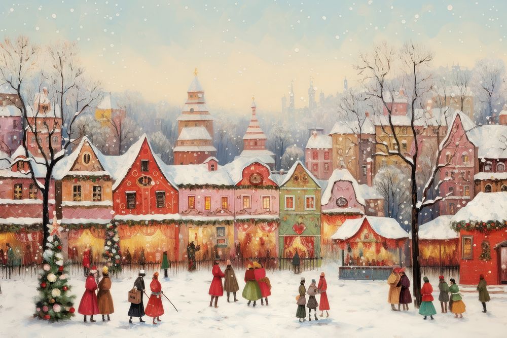A christmas market painting outdoors winter. AI generated Image by rawpixel.