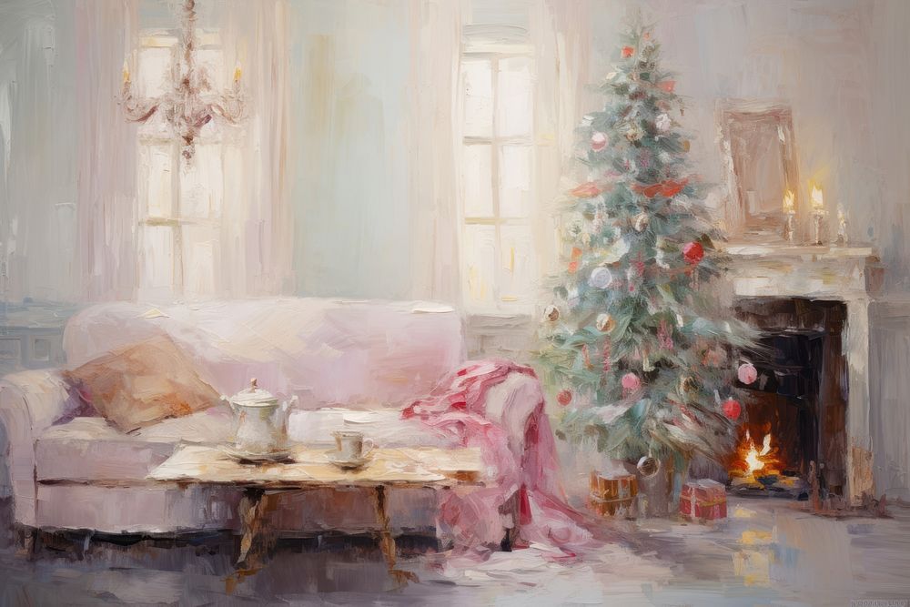 Christmas fireplace furniture painting. AI generated Image by rawpixel.