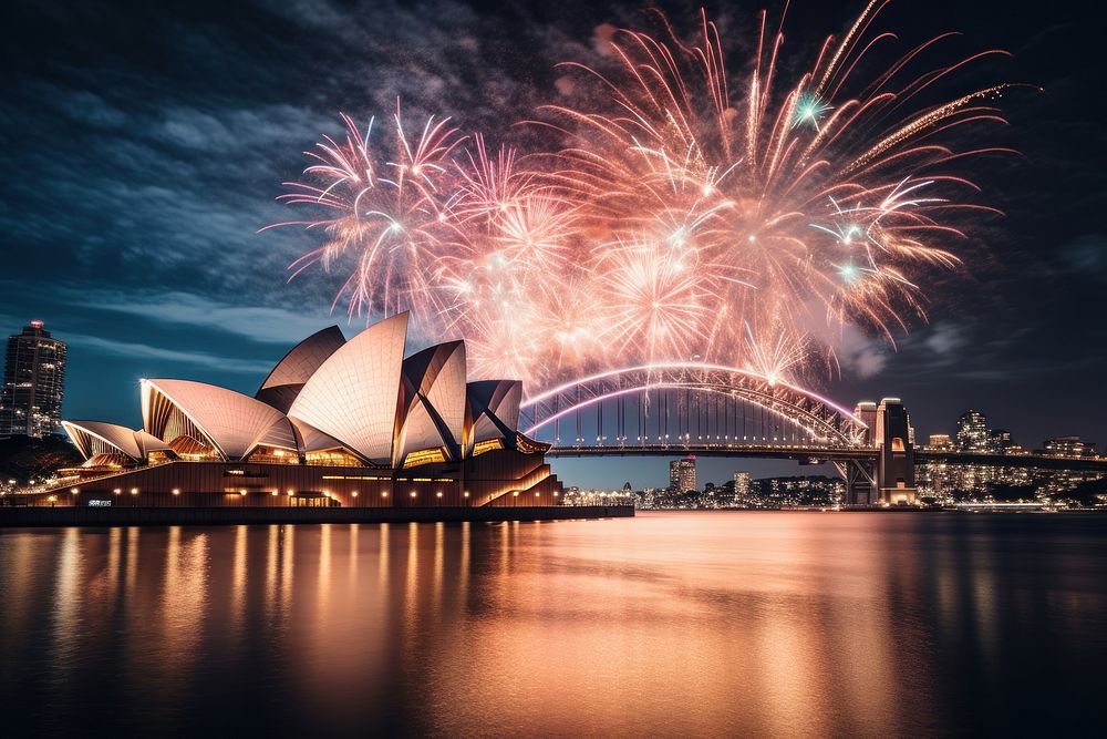 Fireworks landmark bridge opera. AI generated Image by rawpixel.