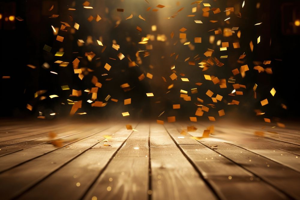 Golden confetti falling wood footwear lighting. AI generated Image by rawpixel.