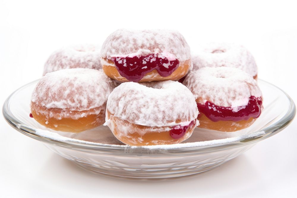 Hanukkah jelly donuts sufganiyot plate dessert pastry. AI generated Image by rawpixel.