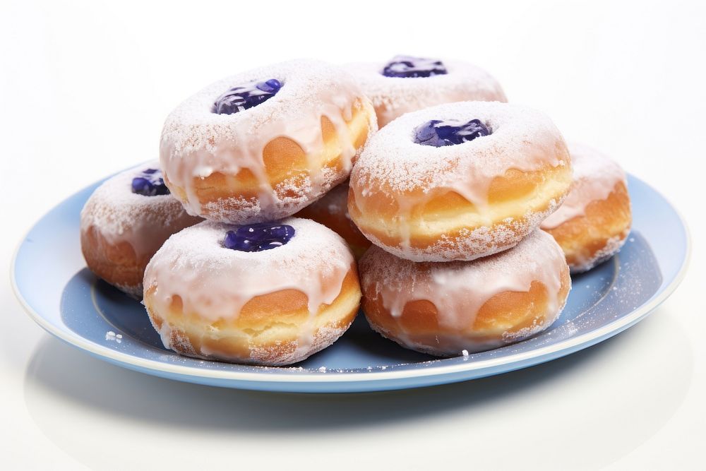 Hanukkah jelly donuts sufganiyot plate dessert pastry. AI generated Image by rawpixel.