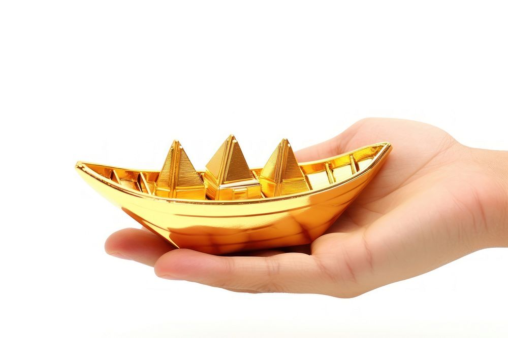 Hand giving chinese mini boat gold ingot white background transportation watercraft. AI generated Image by rawpixel.