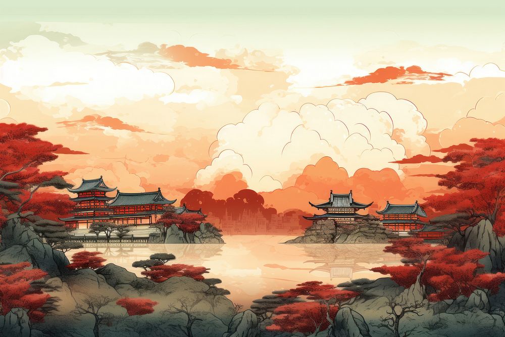 Ancient Japanese painting edo city backdrop outdoors nature architecture. AI generated Image by rawpixel.