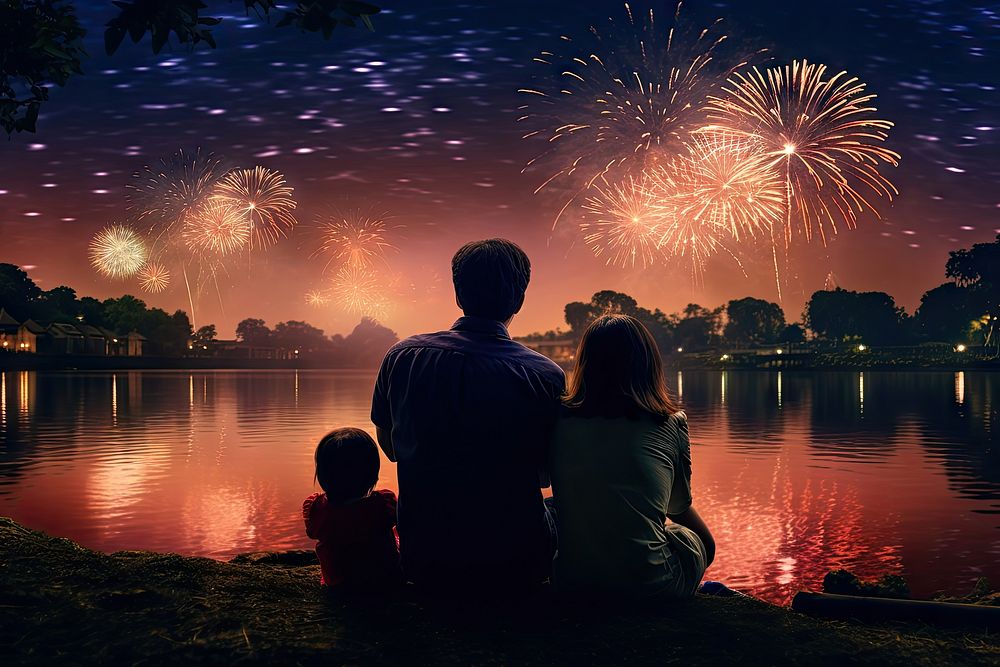 Asian family fireworks outdoors sitting. AI generated Image by rawpixel.