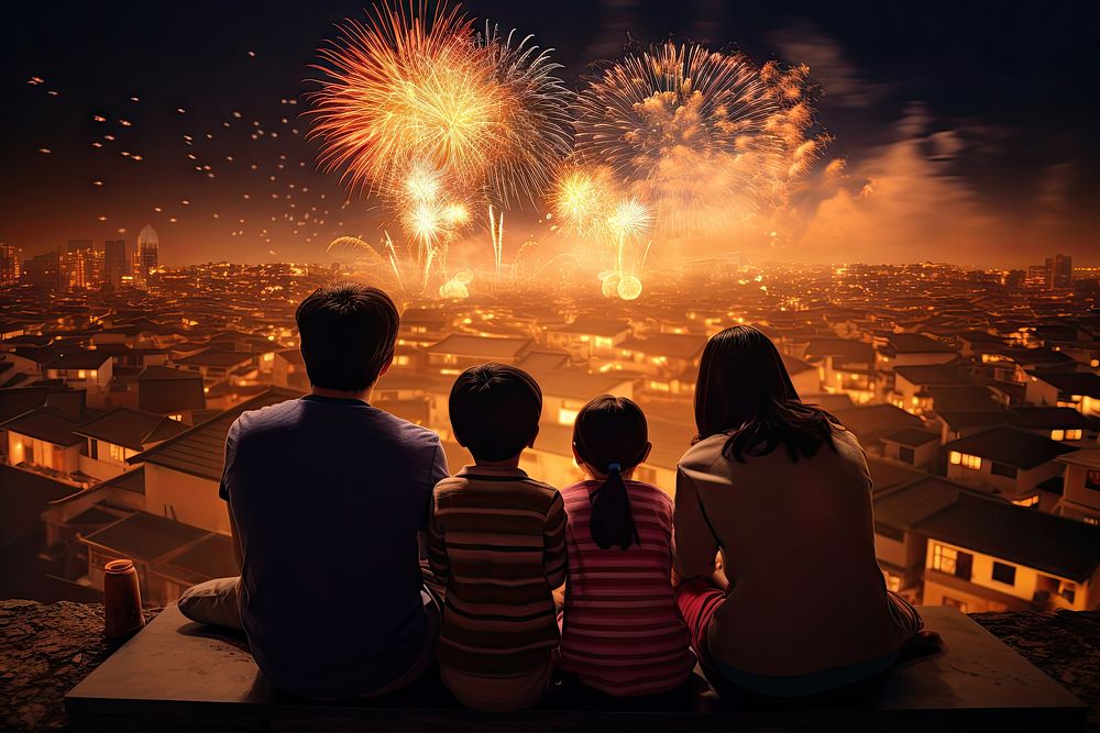 Asian family fireworks architecture cityscape. AI generated Image by rawpixel.