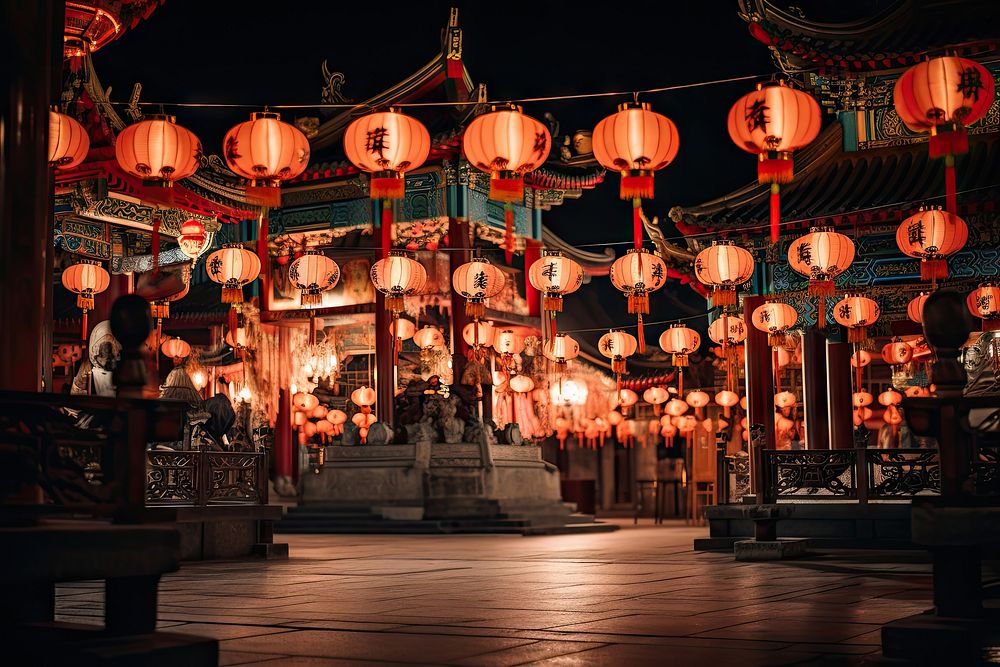 Chinese lanterns festival temple night. AI generated Image by rawpixel.