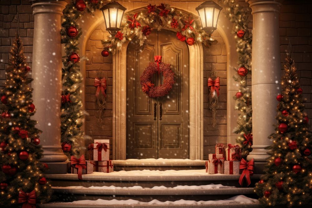 Front door christmas decoration christmas decorations architecture illuminated. AI generated Image by rawpixel.