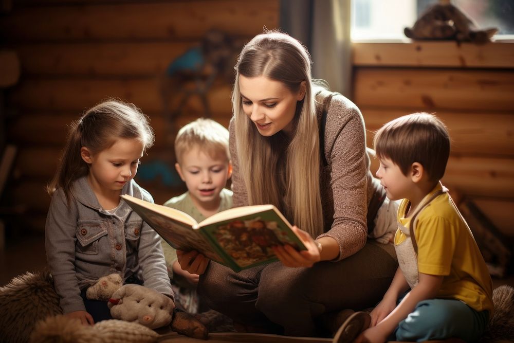 Daycare teacher reading child book. AI generated Image by rawpixel.