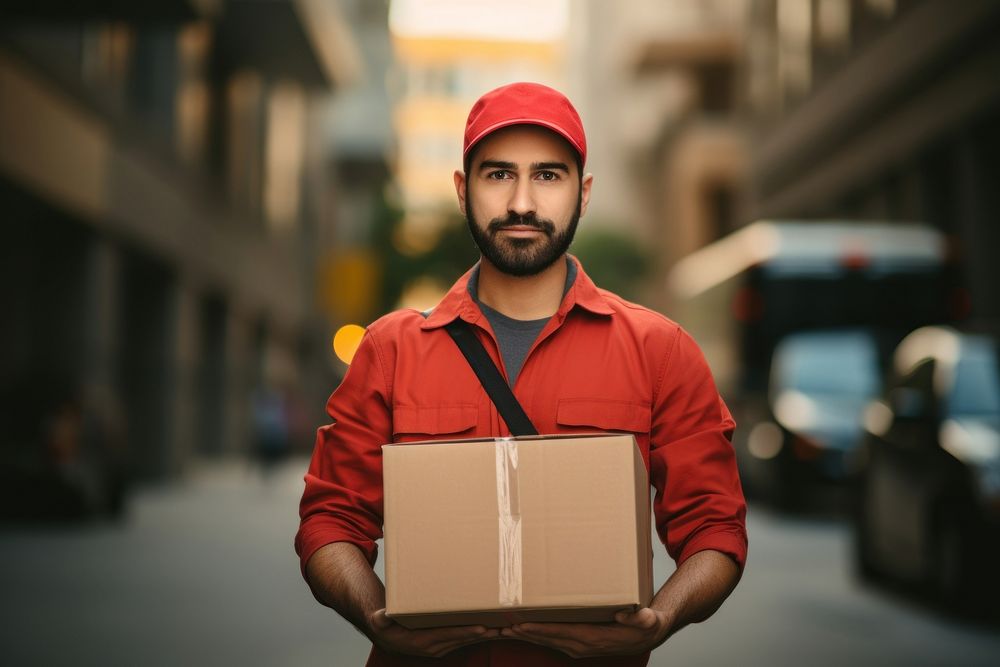 Delivery man cardboard holding box. AI generated Image by rawpixel.