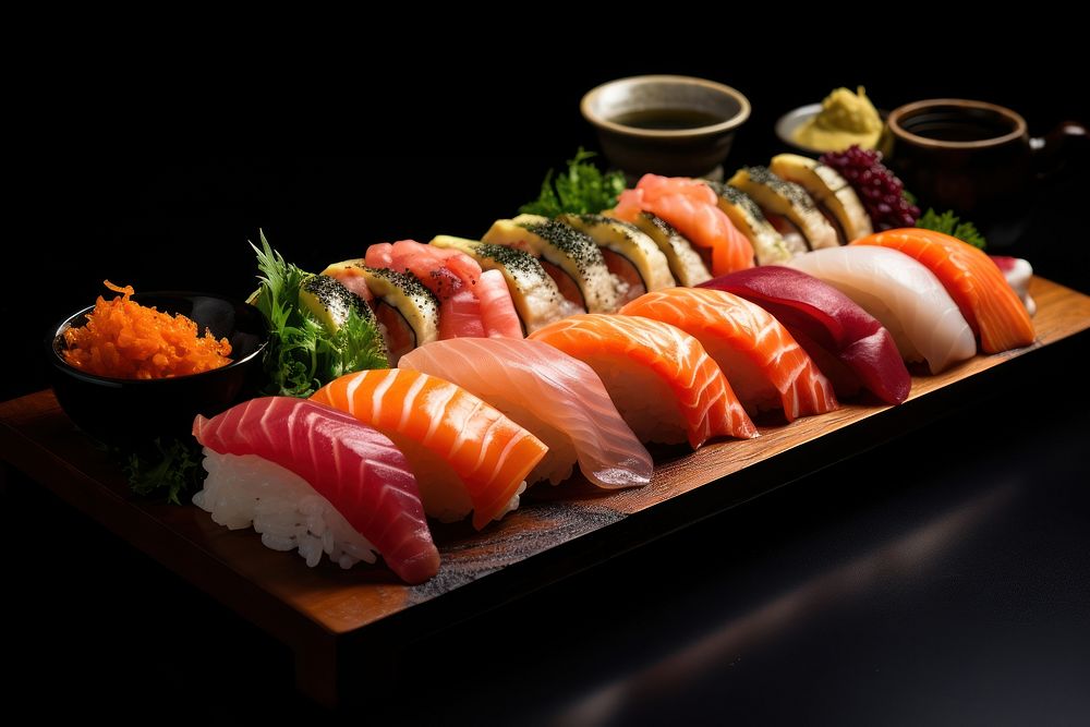 Fresh seafood collection sushi plate rice meal dish. AI generated Image by rawpixel.