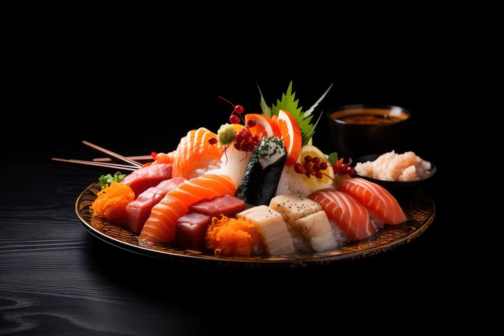 Fresh seafood collection sushi plate meal dish chopsticks. AI generated Image by rawpixel.