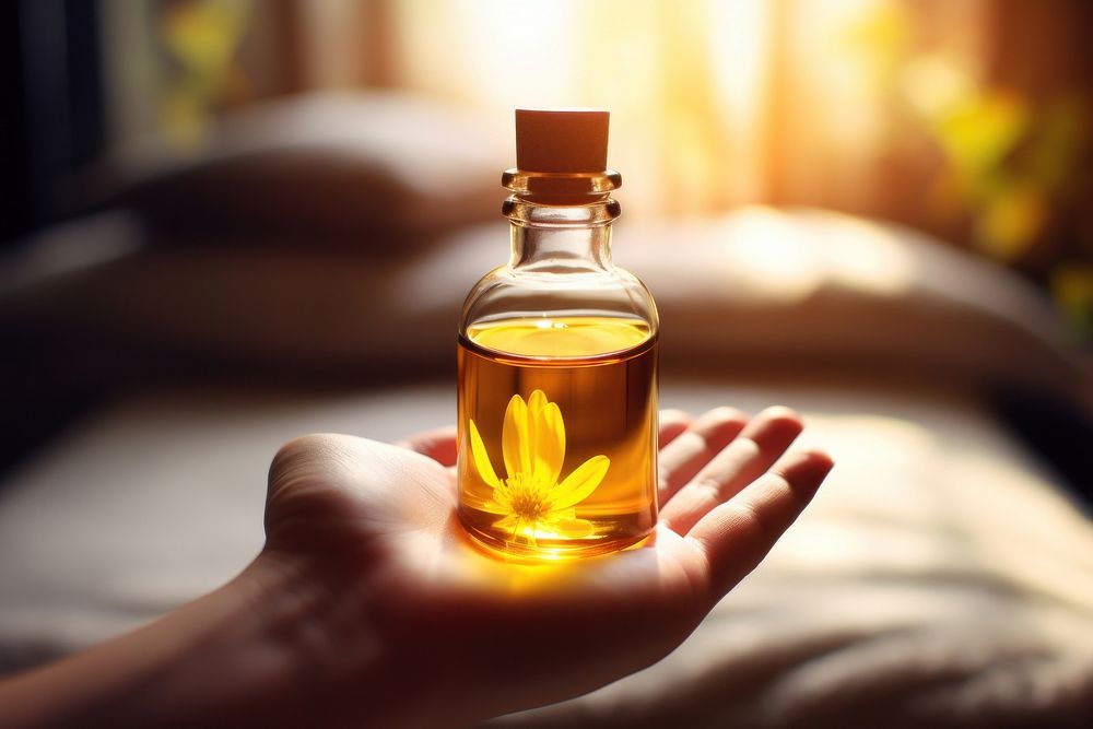 Hand holding aroma oil perfume bottle relaxation. AI generated Image by rawpixel.