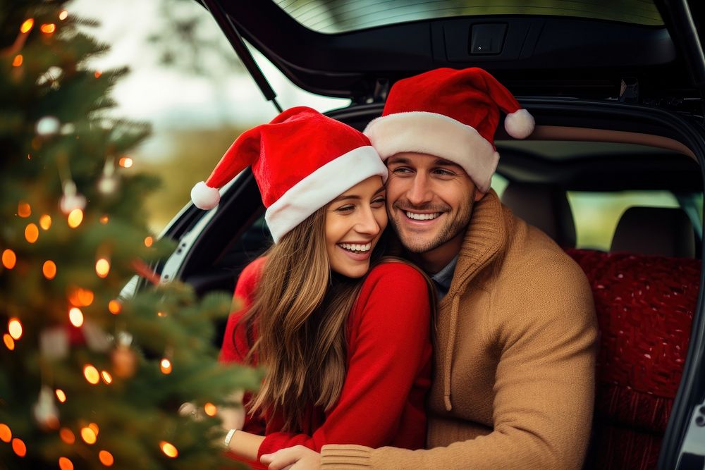 Happy couple wearing santa claus hat christmas adult tree. AI generated Image by rawpixel.