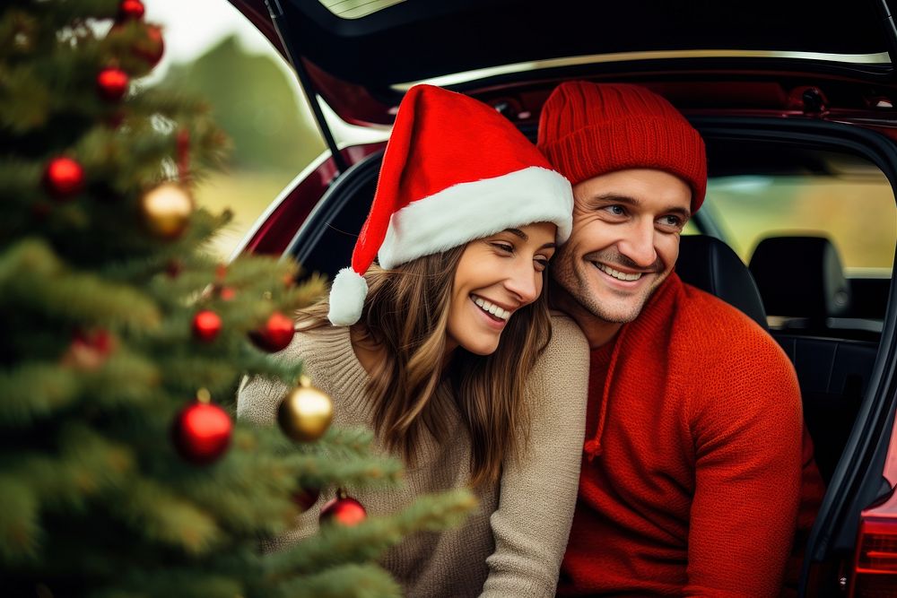 PNG Happy couple wearing santa claus hat christmas adult tree. AI generated Image by rawpixel.