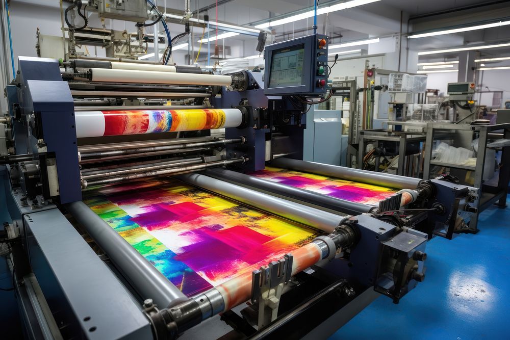 Modern printing press produces multi colored printouts accurately manufacturing machine factory. AI generated Image by…