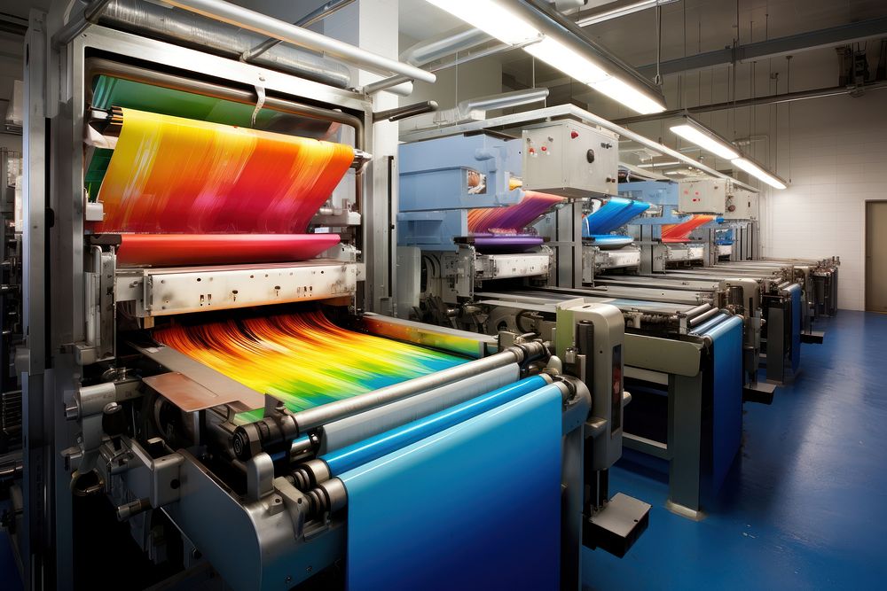 Modern printing press produces multi colored printouts accurately manufacturing machine factory. AI generated Image by…