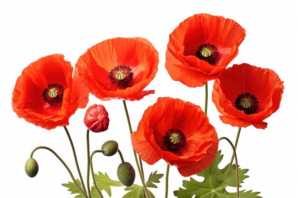Red poppy flowers plant white background inflorescence. AI generated Image by rawpixel.
