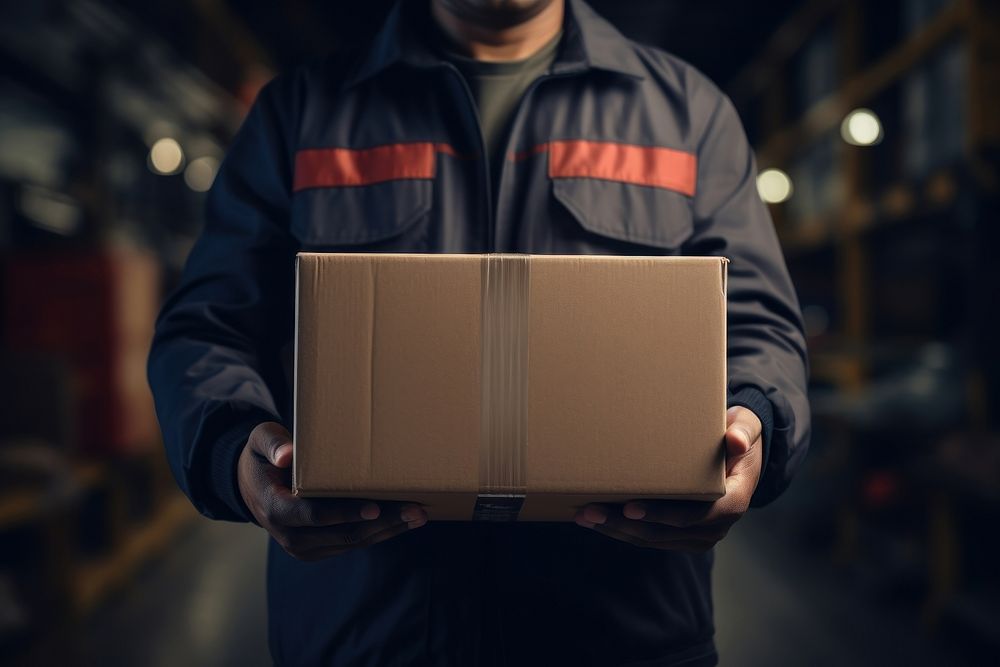 Shipping clerk holding shipping box cardboard delivering technology. AI generated Image by rawpixel.