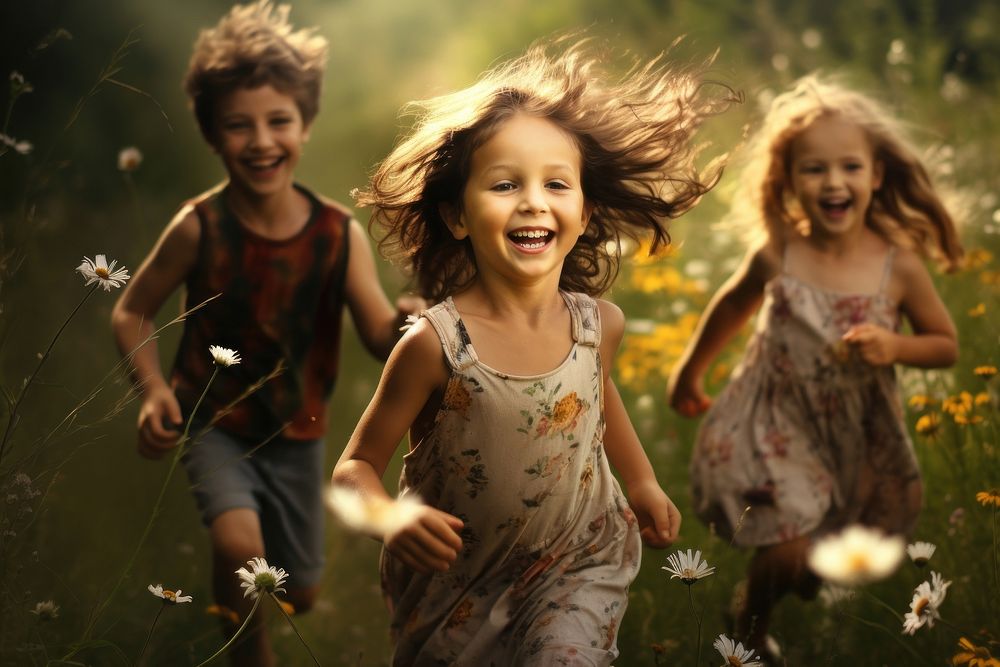 Smiling children enjoying nature carefree summer fun portrait outdoors smiling. AI generated Image by rawpixel.