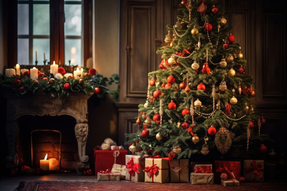 Christmas decoration fireplace tree. AI generated Image by rawpixel.