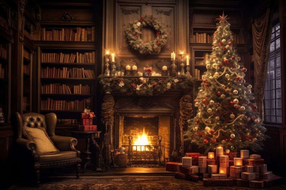 Fireplace christmas furniture glowing. 