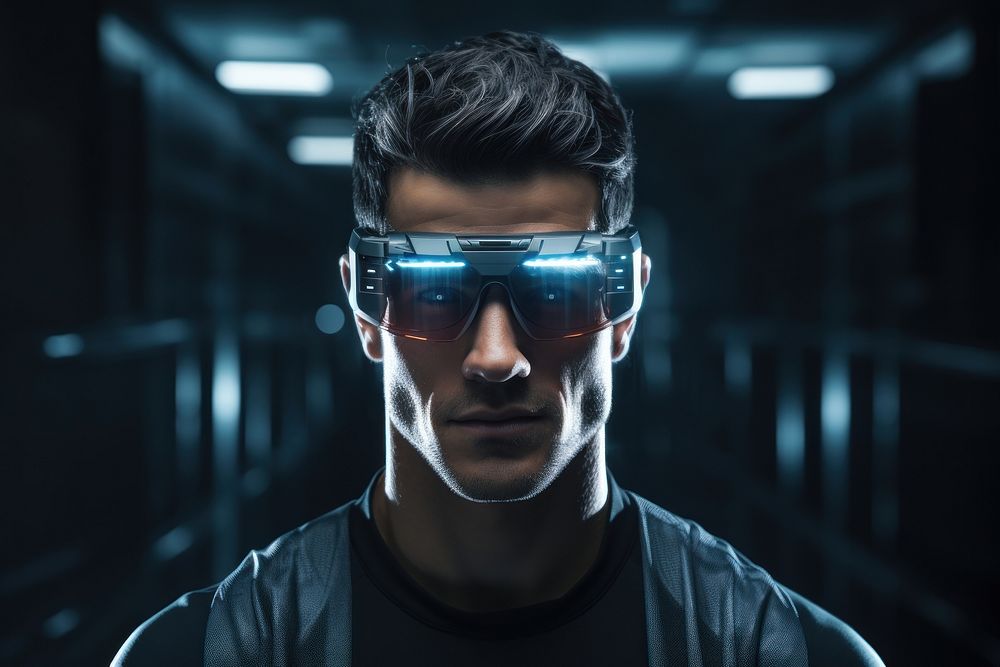Futuristic electronics LED glasses portrait adult sunglasses. AI generated Image by rawpixel.