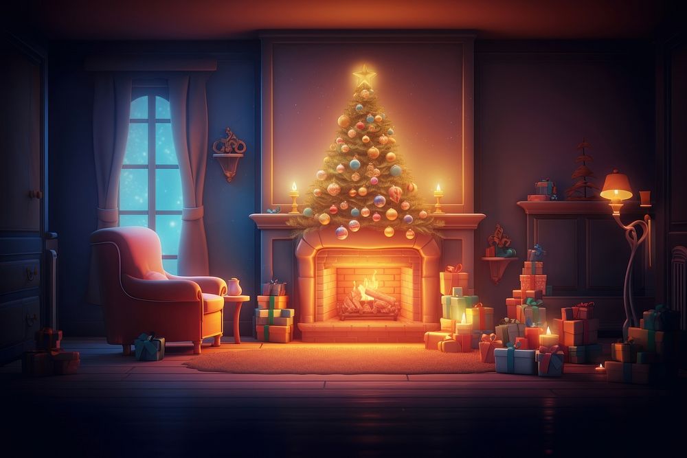 Inside Christmas Magic glowing tree fireplace christmas furniture. AI generated Image by rawpixel.