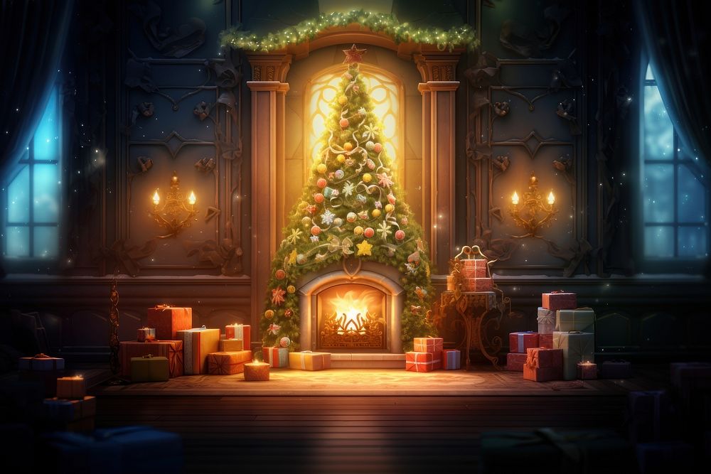 Inside Christmas Magic glowing tree christmas fireplace gift. AI generated Image by rawpixel.