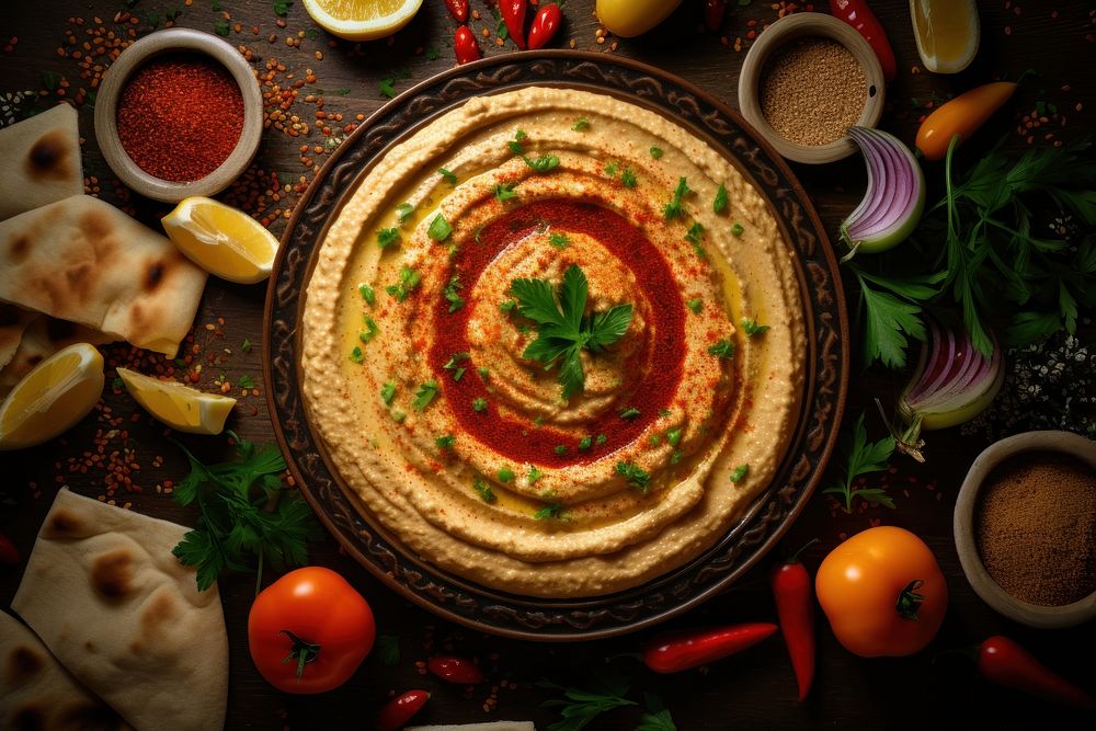 Hummus food bread table ingredient. AI generated Image by rawpixel.