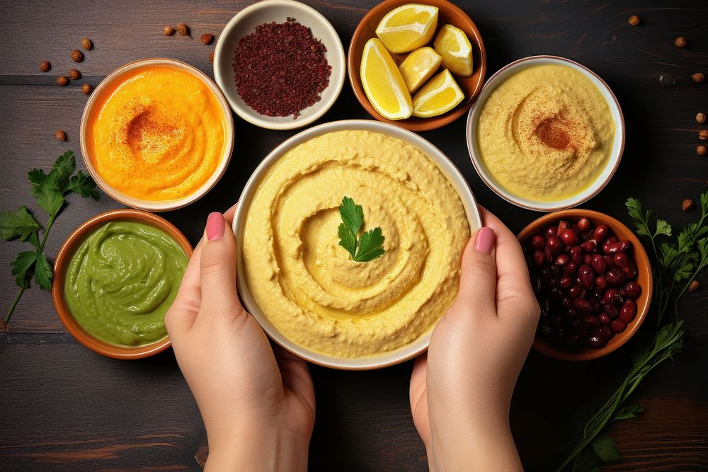 Hummus food yellow table hand. AI generated Image by rawpixel.