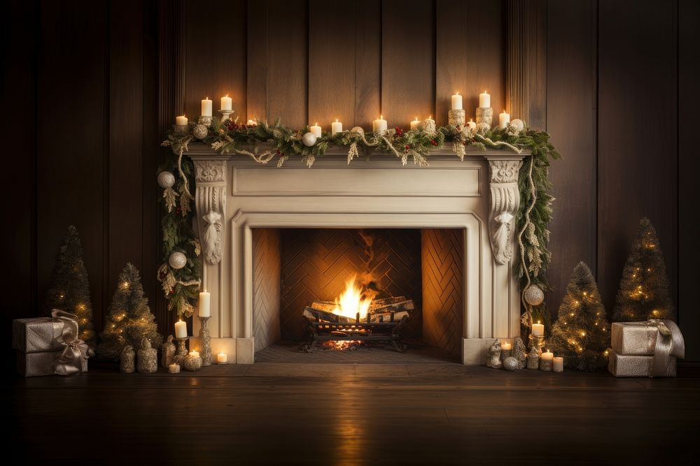 Vintage Christmas fireplace christmas hearth candle. AI generated Image by rawpixel.
