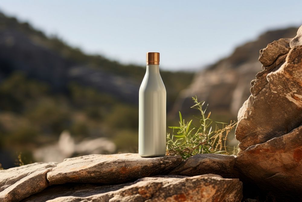 Bottle product rock outdoors nature. AI generated Image by rawpixel.