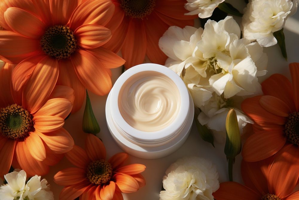 Facial cream jar product flower cosmetics petal. AI generated Image by rawpixel.