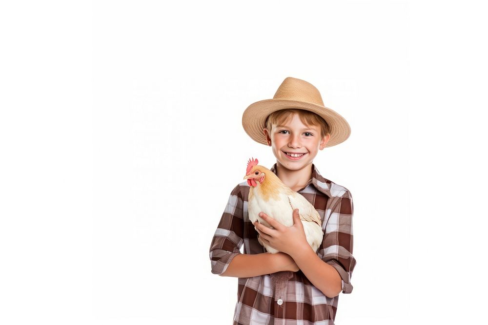 Farmer boy chicken photo white background. AI generated Image by rawpixel.
