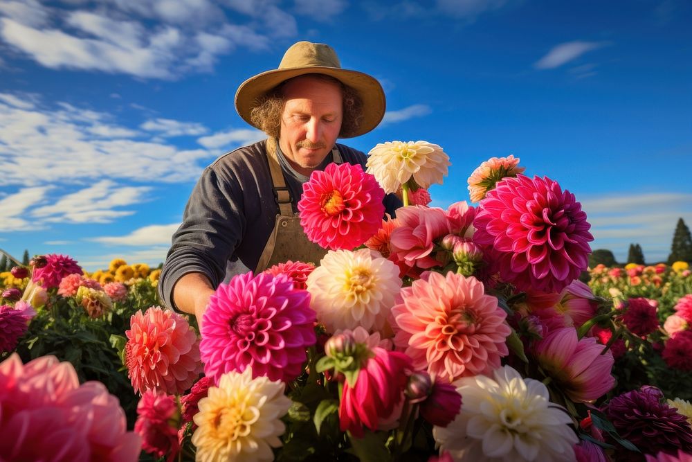 A farmer harvests a bouquet of flowers gardening outdoors portrait. AI generated Image by rawpixel.