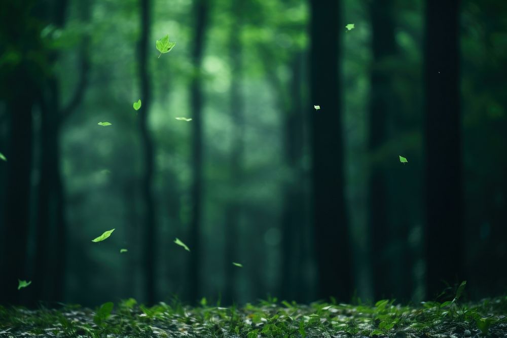Green leafs falling forest outdoors woodland. AI generated Image by rawpixel.