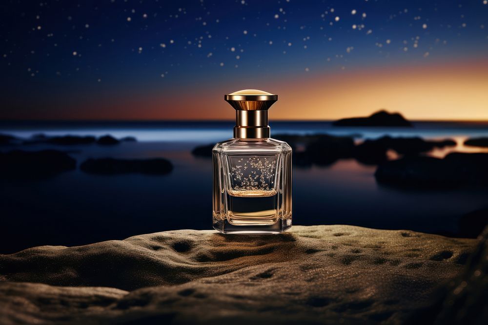 Perfume bottle product cosmetics night beach. AI generated Image by rawpixel.