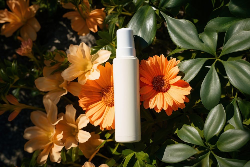 Sunscreen bottle product flower cosmetics plant. AI generated Image by rawpixel.