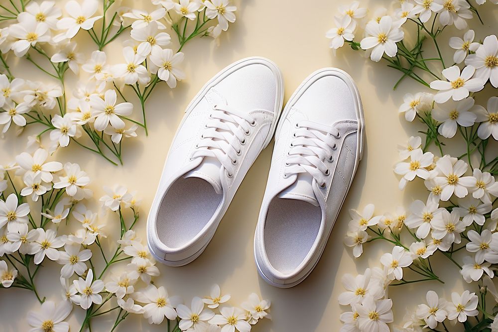 White sneakers product flower footwear plant. AI generated Image by rawpixel.