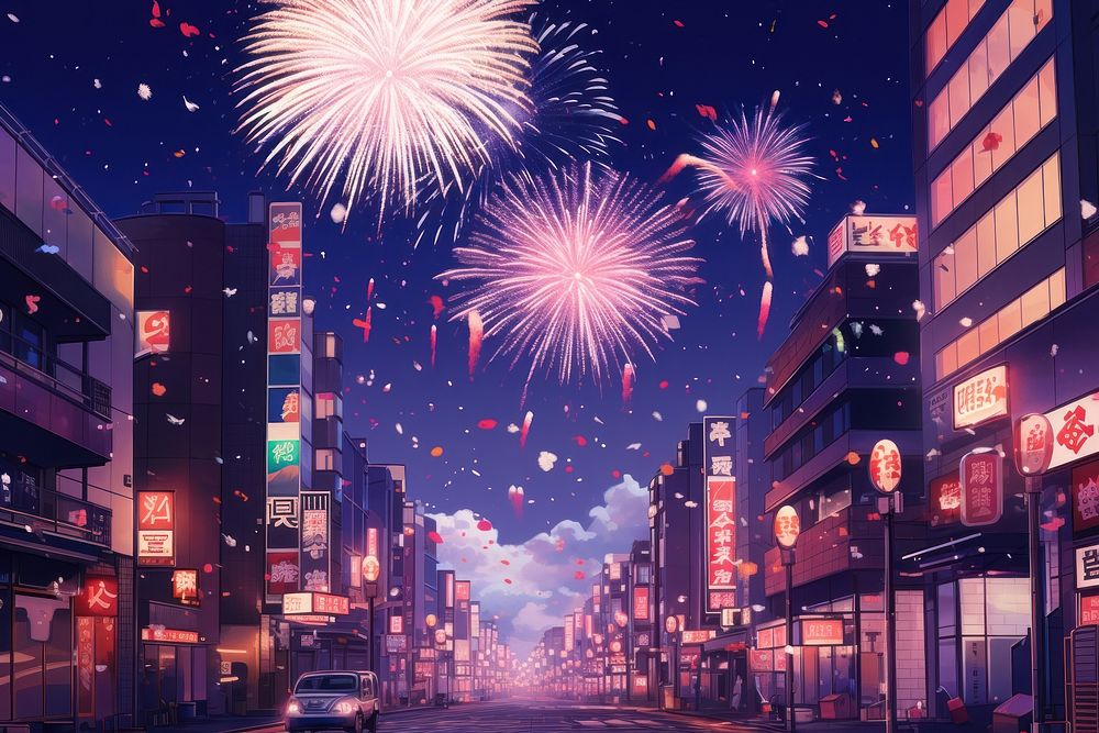 Fireworks street night architecture. AI generated Image by rawpixel.