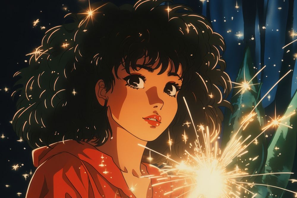 Woman holding sparkler anime fireworks sparks. AI generated Image by rawpixel.