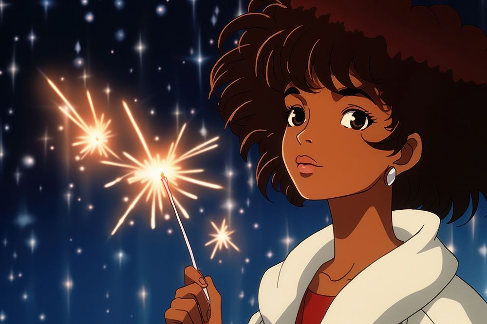 Woman holding sparkler anime sparks celebration. AI generated Image by rawpixel.