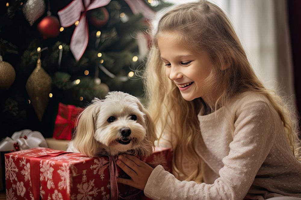 Young woman wrapping gifts dog christmas mammal. AI generated Image by rawpixel.