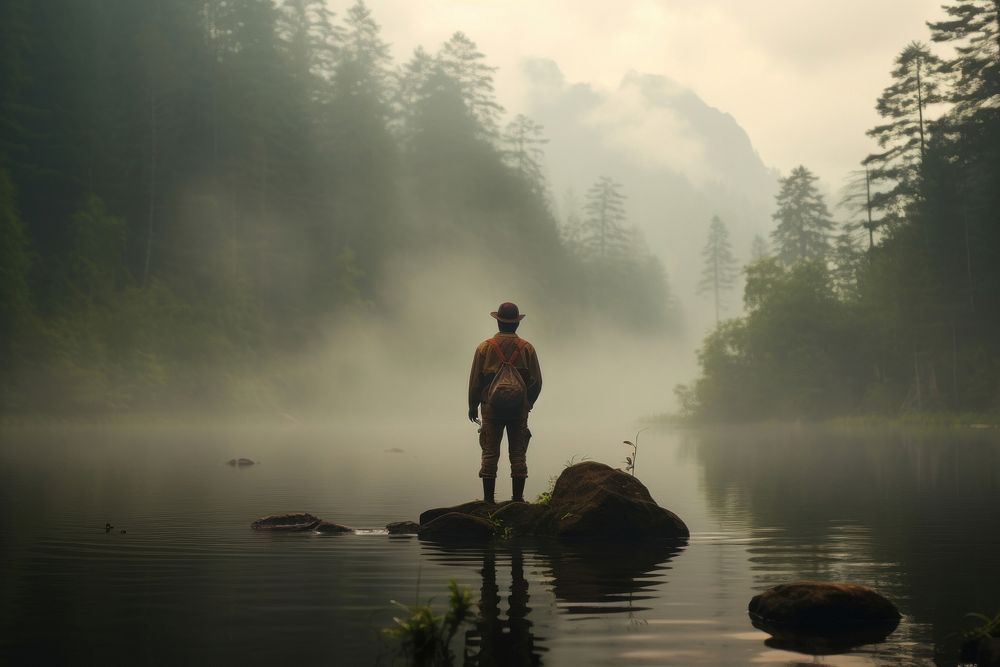 Young man flyfishing outdoors nature forest. AI generated Image by rawpixel.