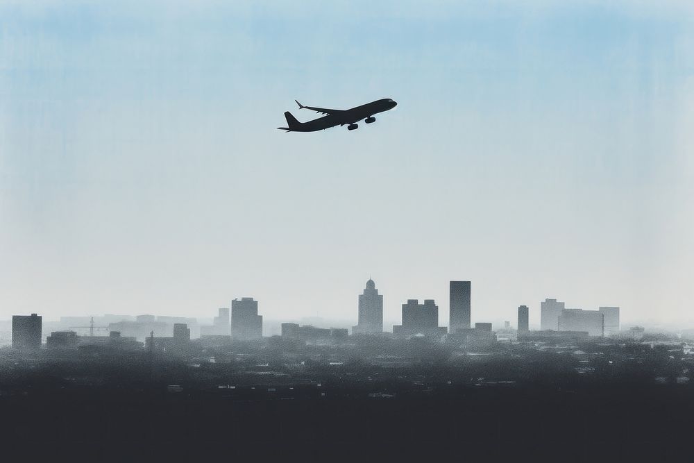 Light blue plane with city architecture cityscape airplane. AI generated Image by rawpixel.