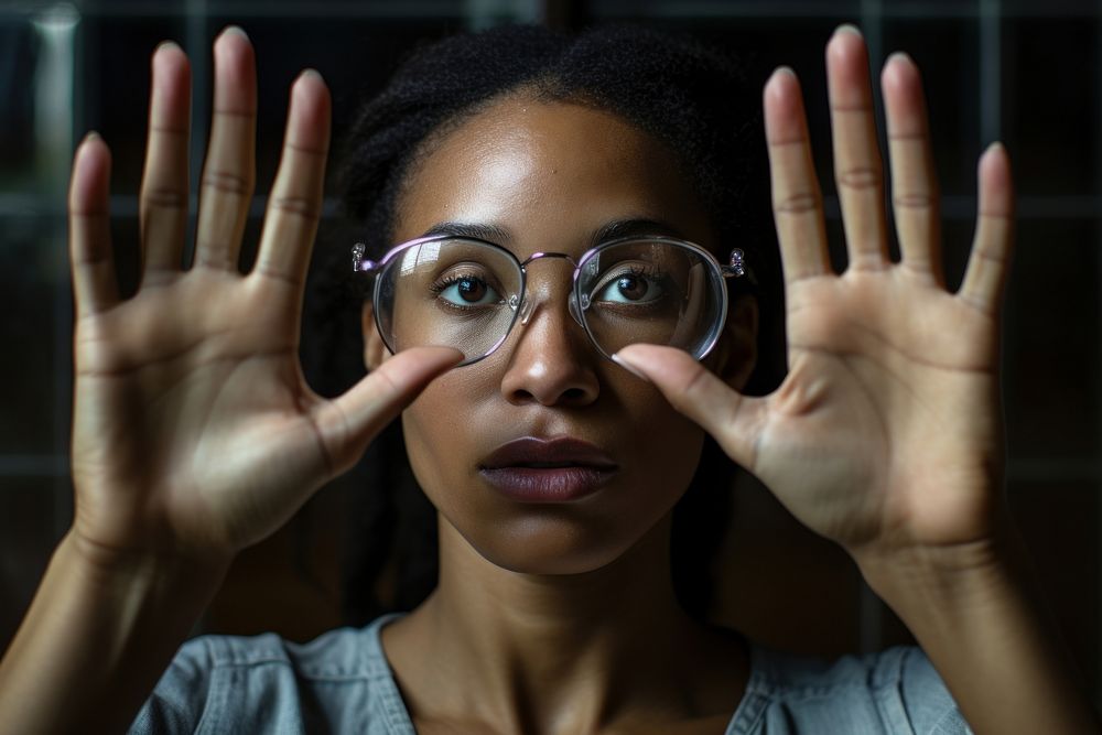 Woman wearing glasses portrait hand photo. AI generated Image by rawpixel.