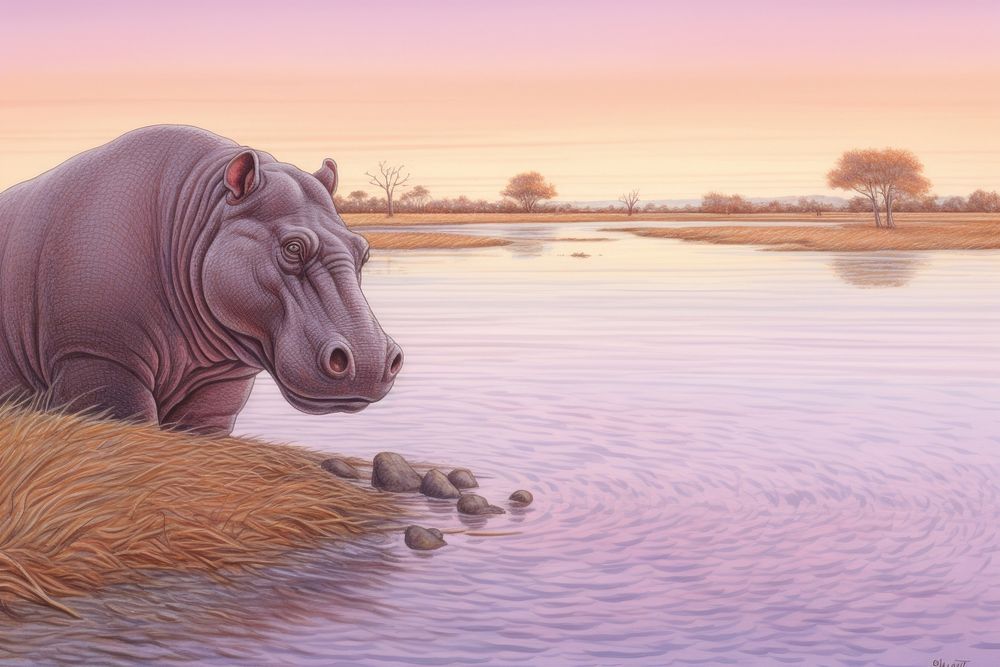 Hippo landscape wildlife animal. AI generated Image by rawpixel.